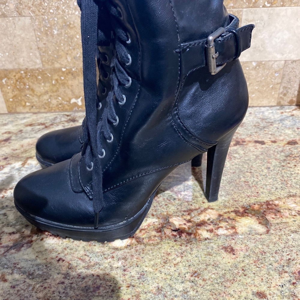 Nine West Womens Black  Leather Platform Boots 5" Heel Round Toe Size 6 - Picture 7 of 14